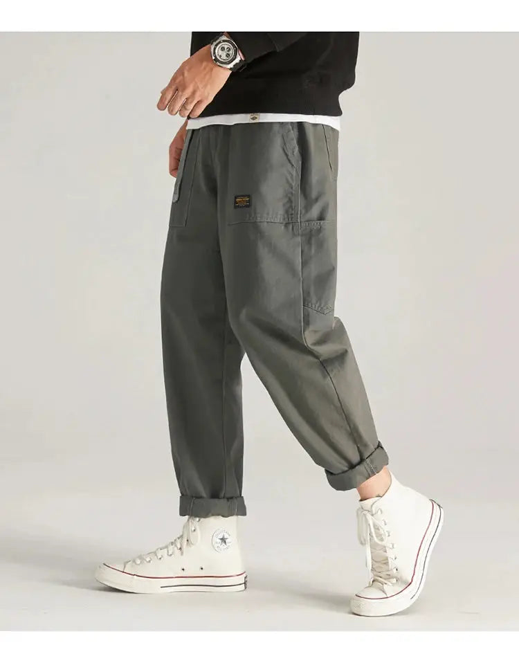 HIQOR men's olive gray baggy cargo pants with multiple pockets, rolled cuffs, streetwear fit