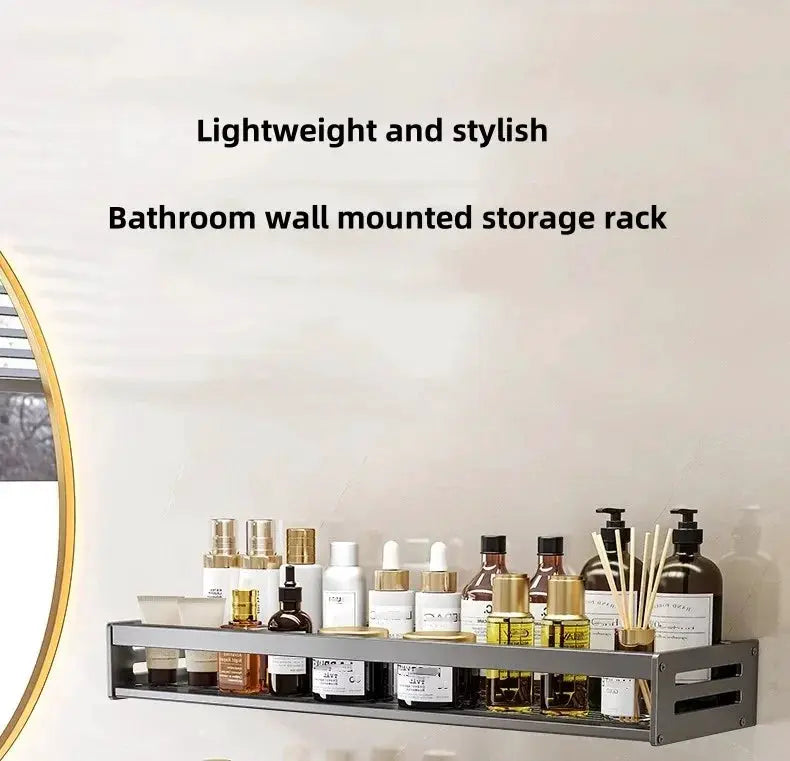 Aluminum no-drill bathroom corner shelf wall-mounted storage rack with shampoo bottles and bath accessories