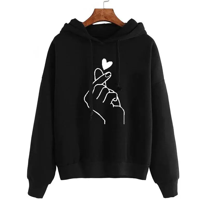 SeoulStyle Autumn Fleece Hoodie Cozy Korean Fashion Sweatshirt For Women With Finger Heart Graphic And Pockets