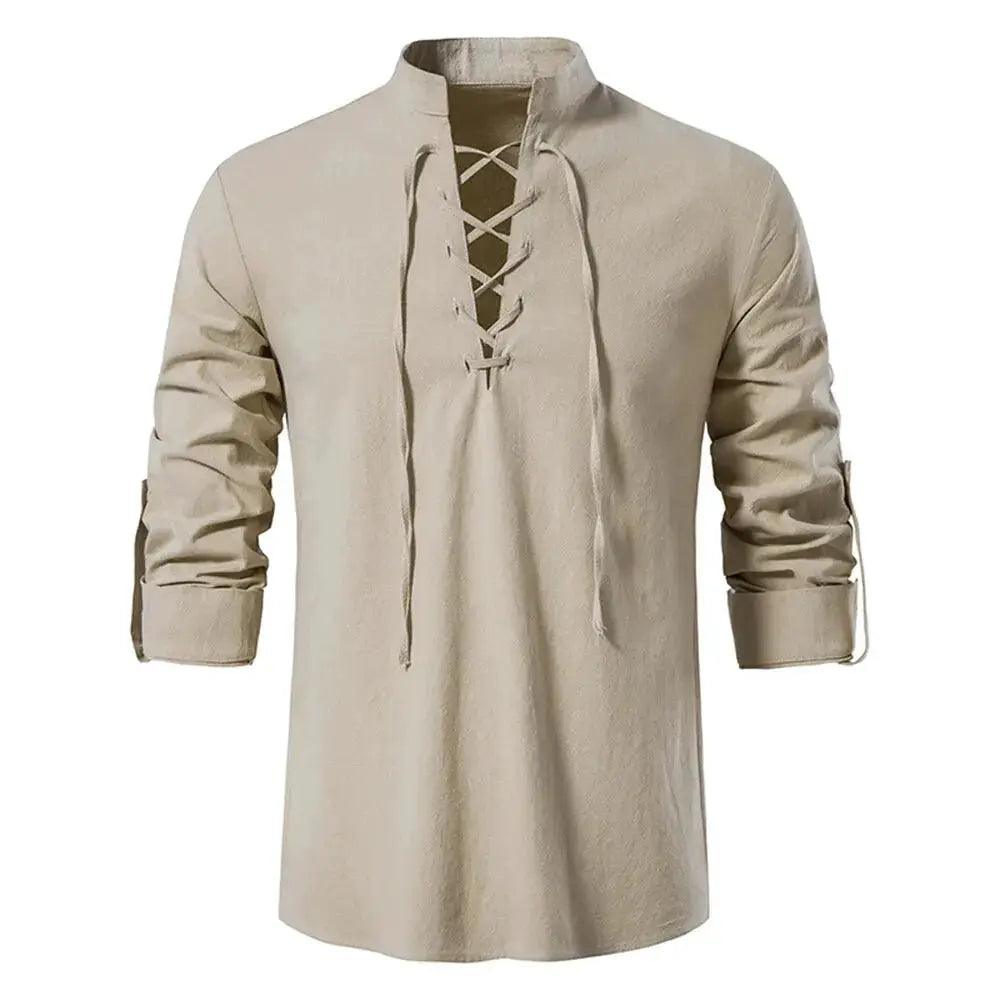 King Billion Mens Cotton Linen Long Sleeve Shirt Vintage English Style With Drawstring Neck US Size Spring Autumn