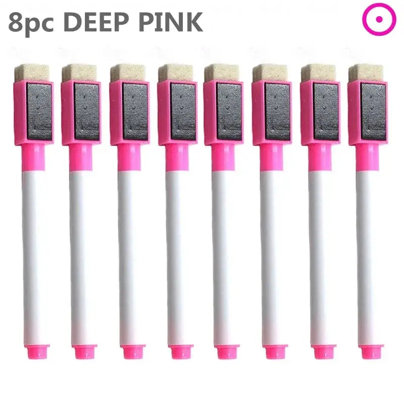 8pc deep pink whiteboard markers with built-in erasers and white bodies by Simples Market