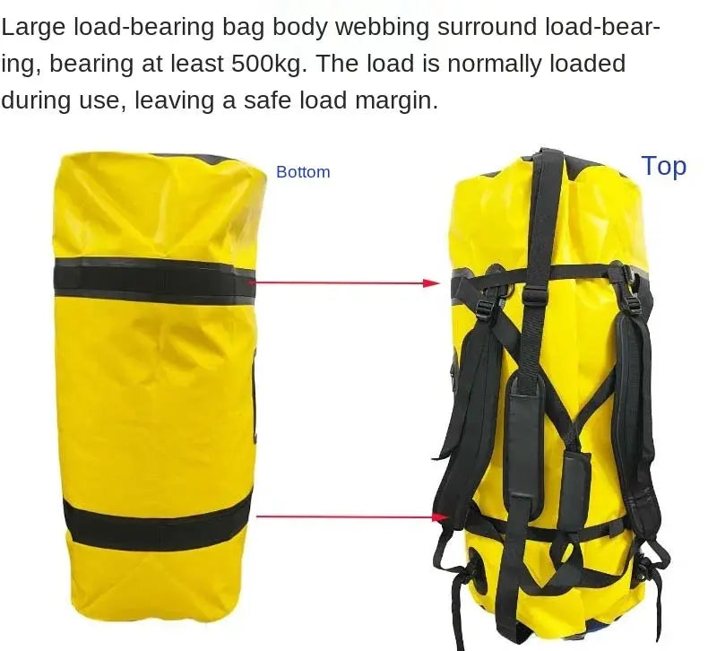 Simples Market 40L-120L waterproof duffle bag in yellow with black backpack straps