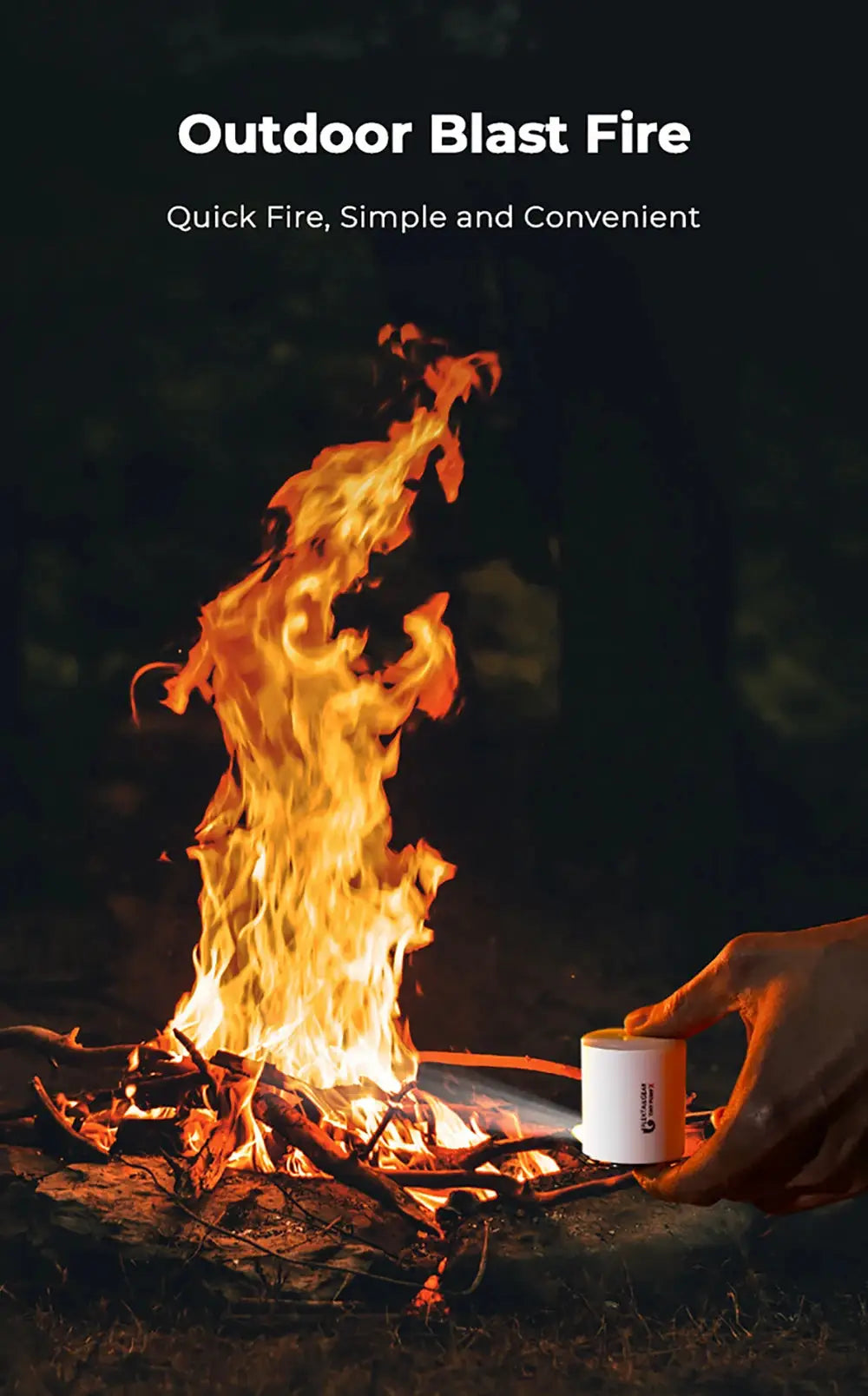 FLEXTAIL Portable Air Pump by Simples Market with built-in light; USB-C charging, white compact camping pump near a campfire
