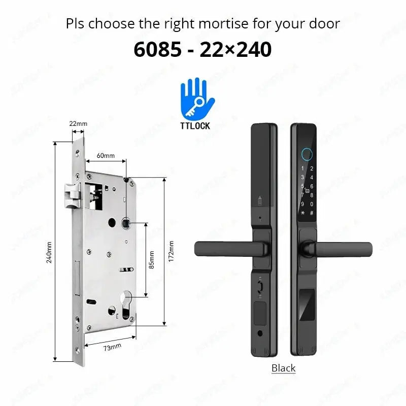 Smart lock for sliding doors; black aluminum body with keypad and fingerprint reader, TTLock app compatible
