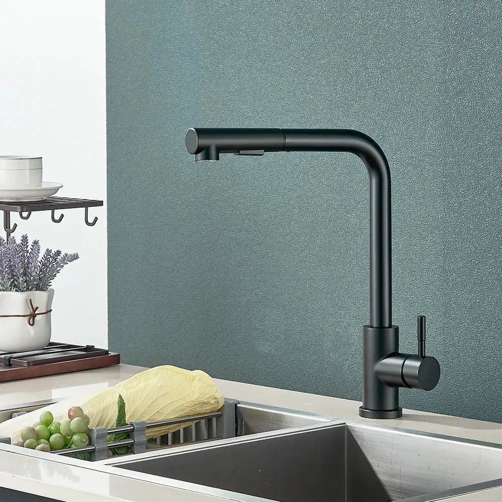 Rozin black pull-out kitchen faucet with 2-way nozzle, 360° rotation, SUS304 by Simples Market