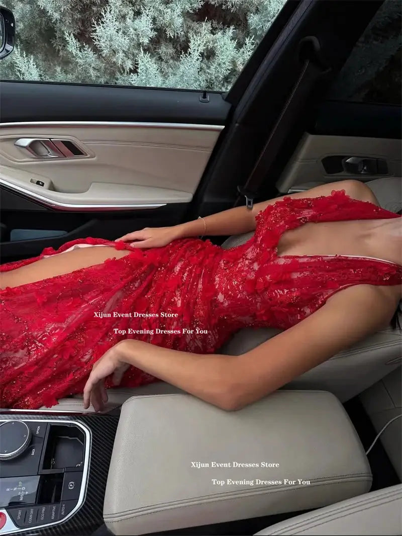 Xijun Gorgeous Mermaid Long Evening Dress Halter Flower Applique Prom