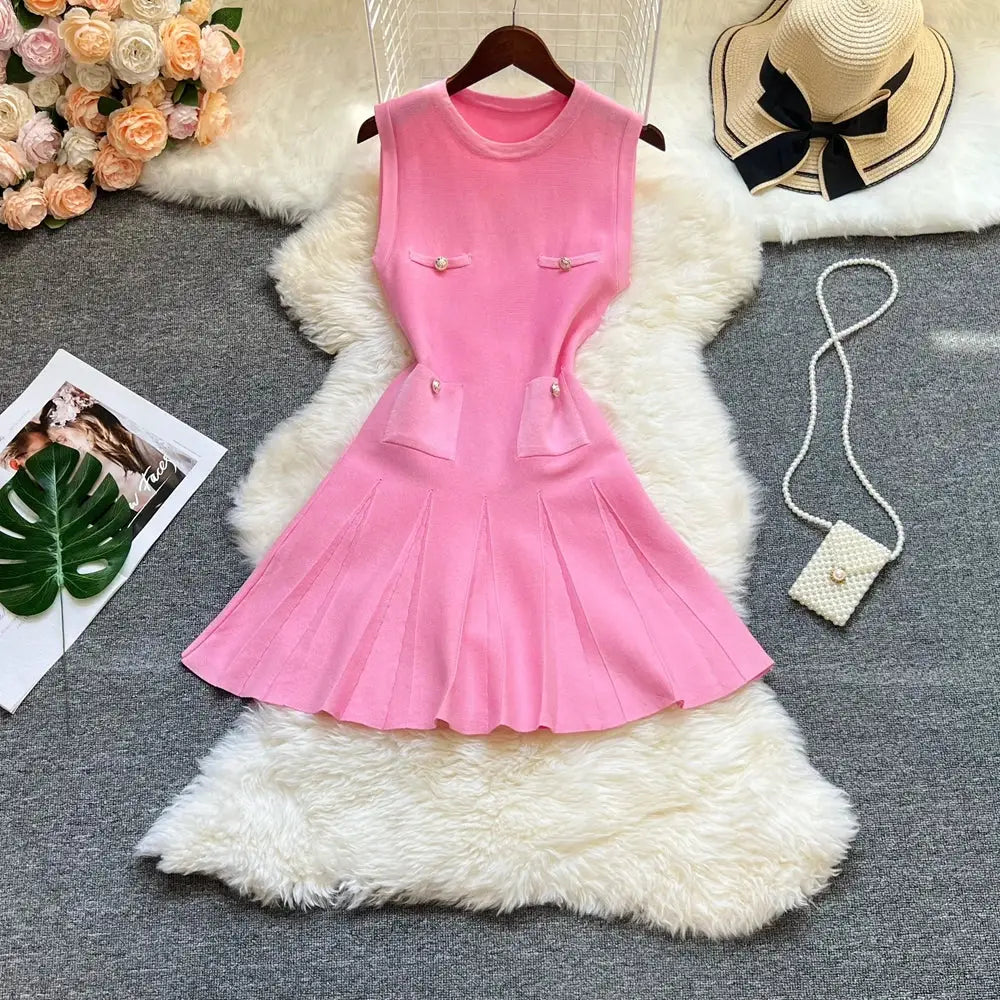 YuooMuoo Chic Pleated Short Dress Women O Neck Slim Waist Party Dress