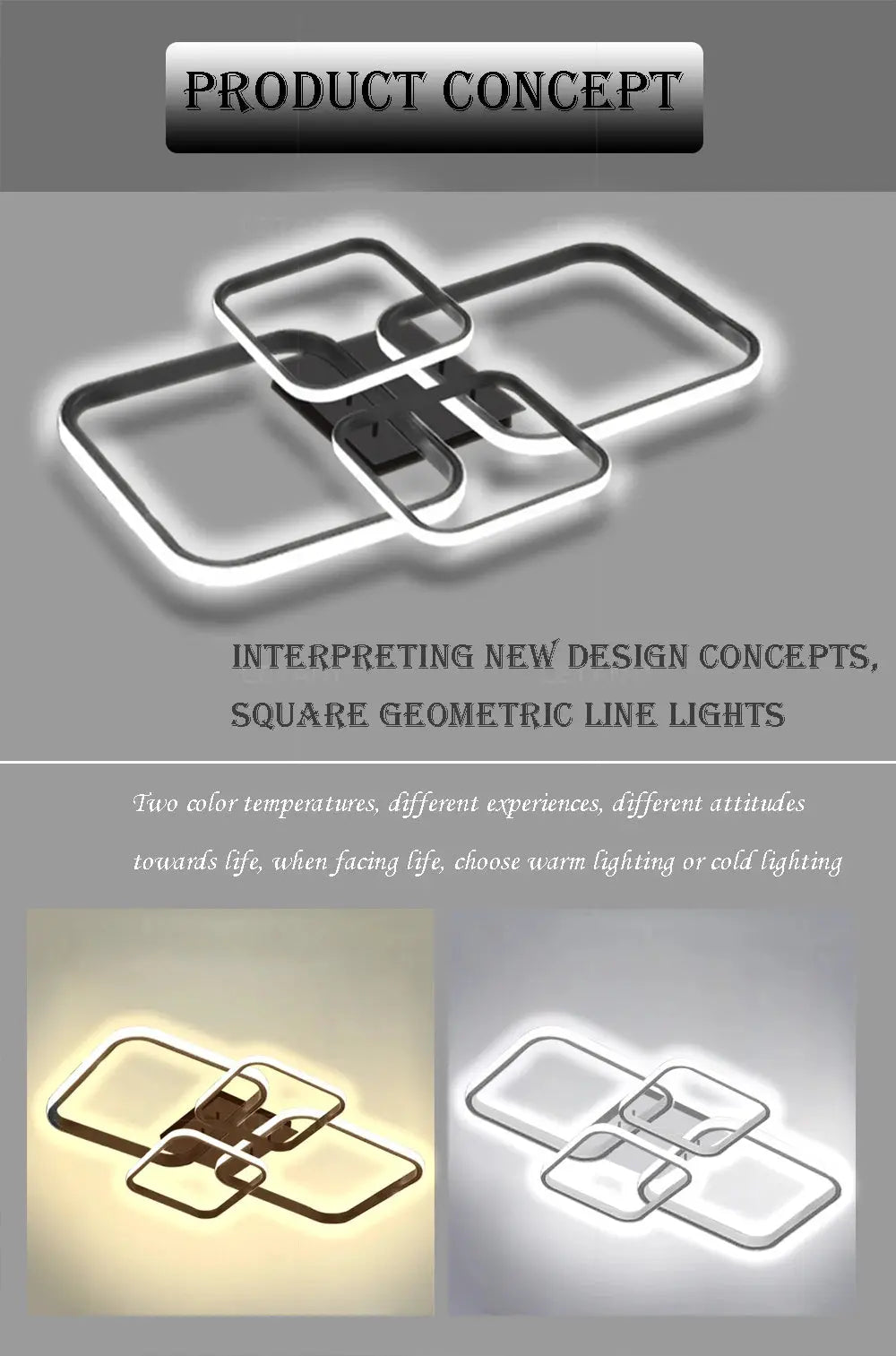 Modern LED ceiling light fixture with four square frames in black and white by Simples Market