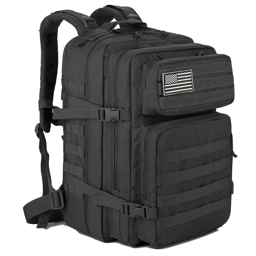 Simples Market 45L tactical backpack, black with MOLLE webbing and American flag patch
