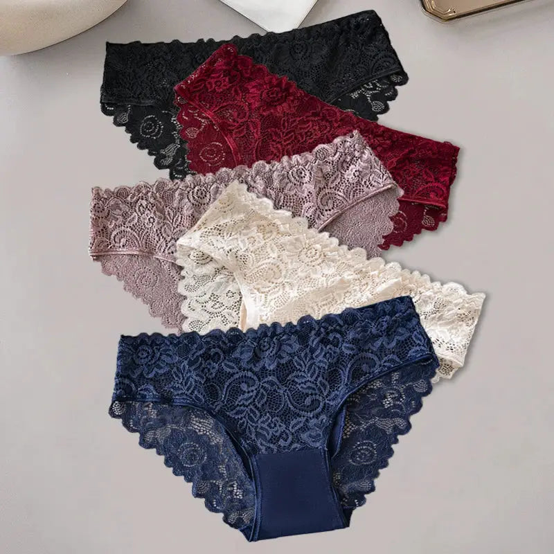 Soli Color 5 Piece Cotton Panties Set With Lace Floral Embroidery Mid Rise Breathable Briefs For Everyday Comfort