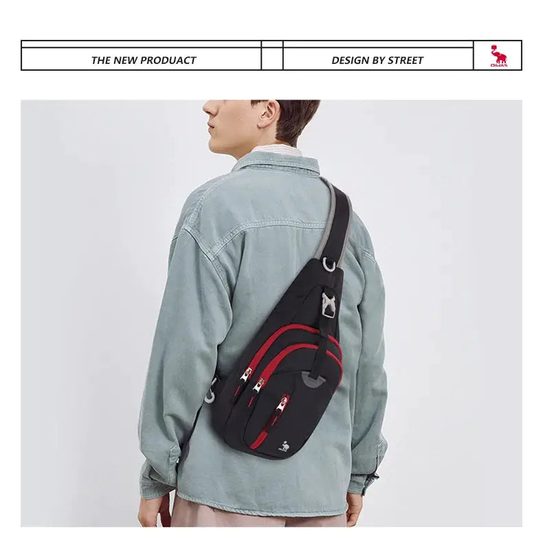 OIWAS crossbody bag for men, black with red zippers, single-strap sling