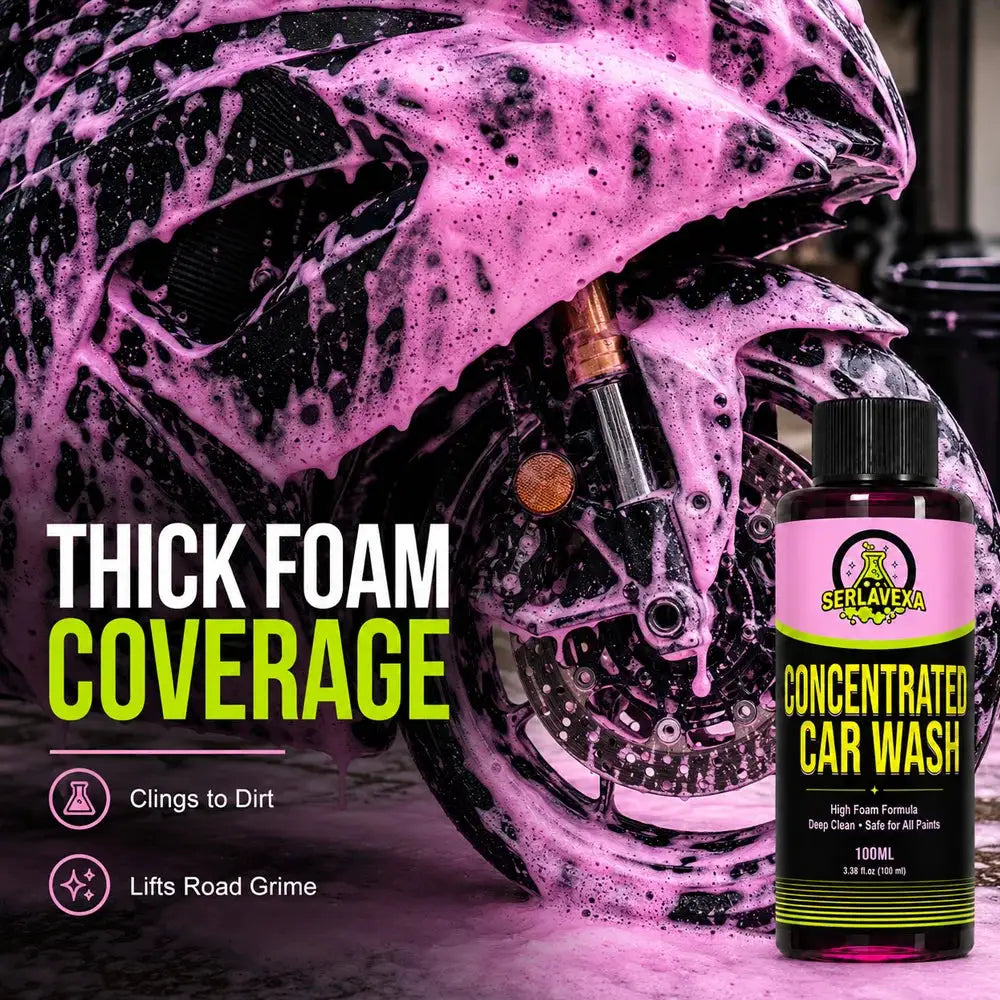 SERLAVEXA Concentrated Car Wash bottle with pink foam on a dark background, 100ml