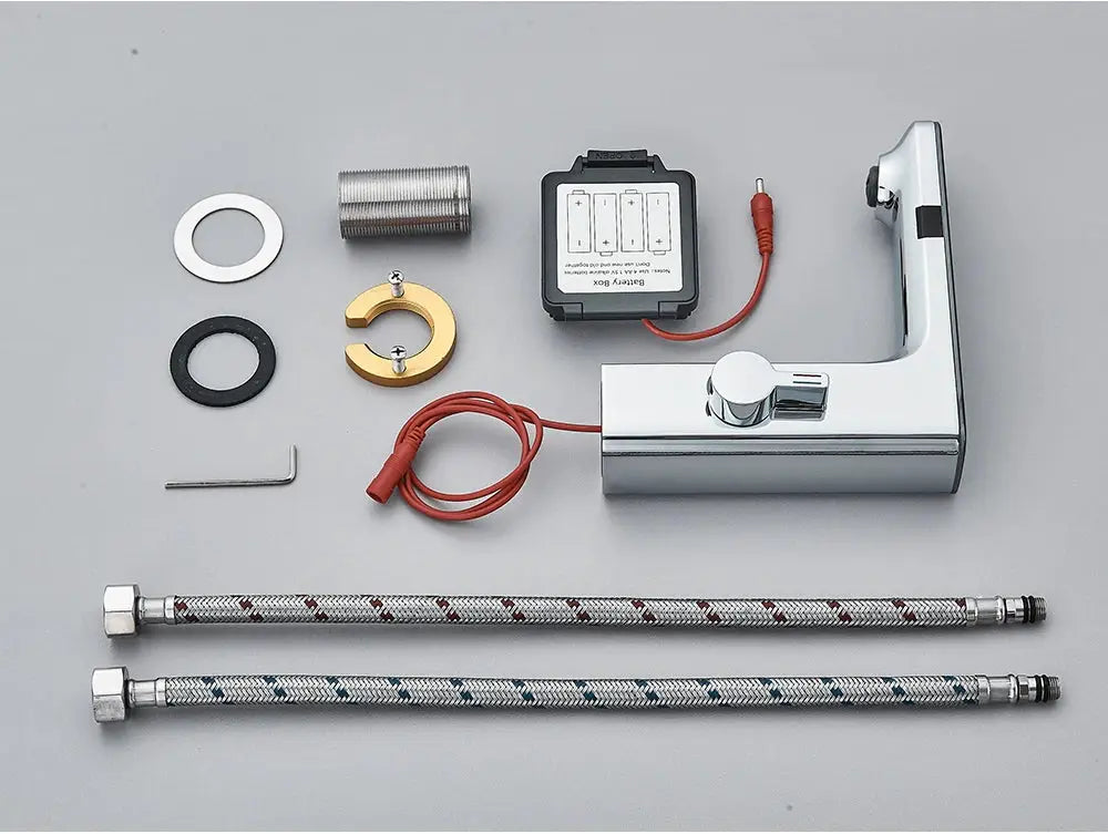 White smart sensor basin faucet with digital display, chrome finish, touchless operation, and two braided hoses