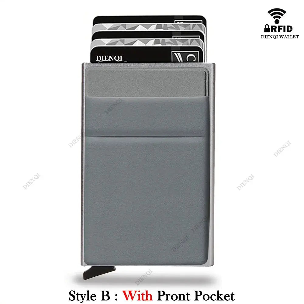 Dienqi RFID metal card holder for men, slim gray wallet with front pocket and multiple card slots.