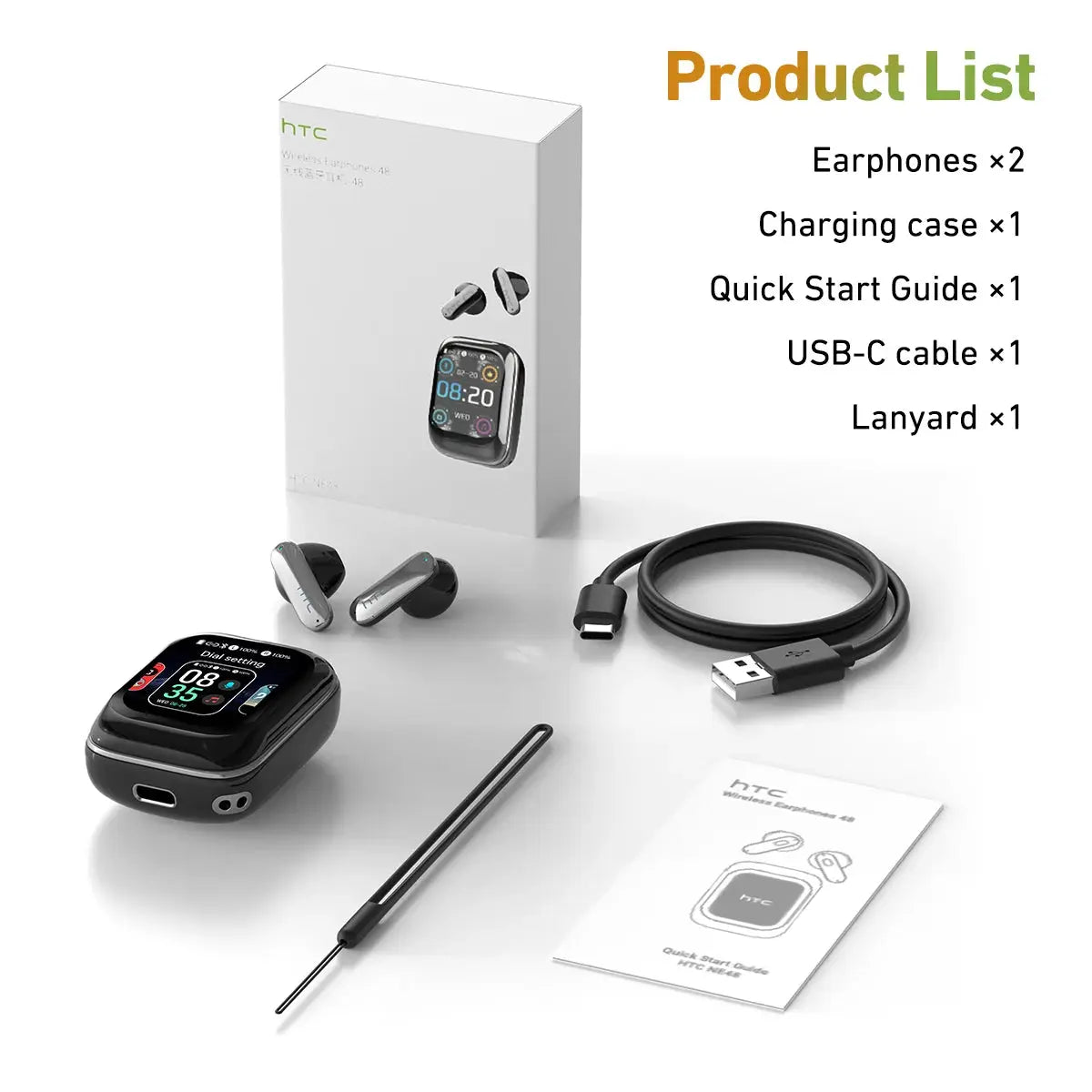 HTC NE48 TWS wireless earbuds with black charging case, USB-C cable, lanyard and quick-start guide