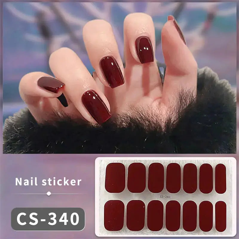 Nail sticker set CS-340 with burgundy full-cover press-on decals shown on a hand