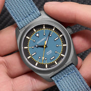 CADISEN TI-7 Autodyne wristwatch with titanium case and blue canvas strap, blue dial