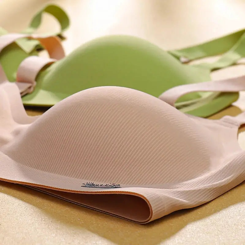 Latex cup bras set of 3 in beige, green, and pink with ribbed, seamless cups