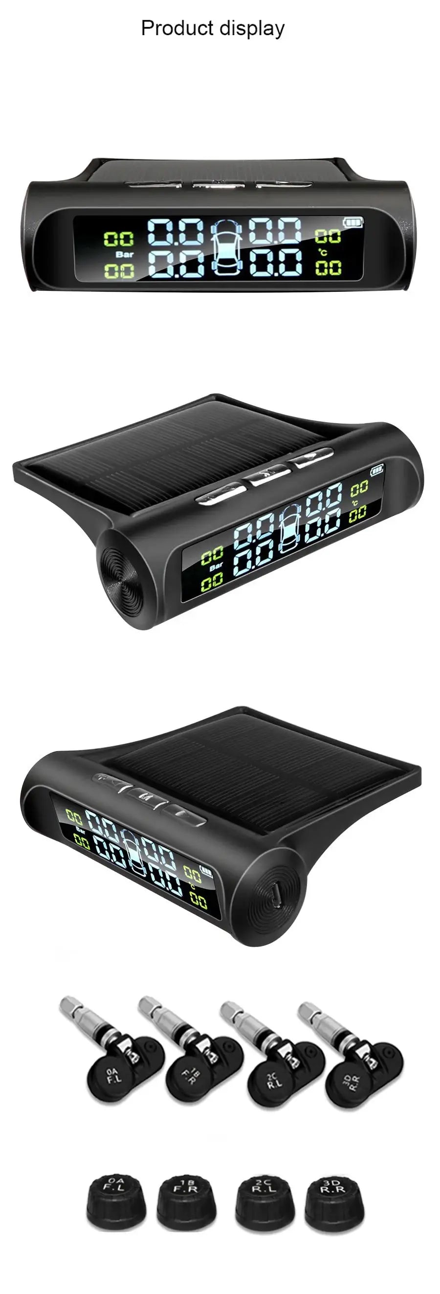 E-ACE Solar Power TPMS tire pressure monitor by Simples Market with solar panel, digital display, 4 sensors and caps