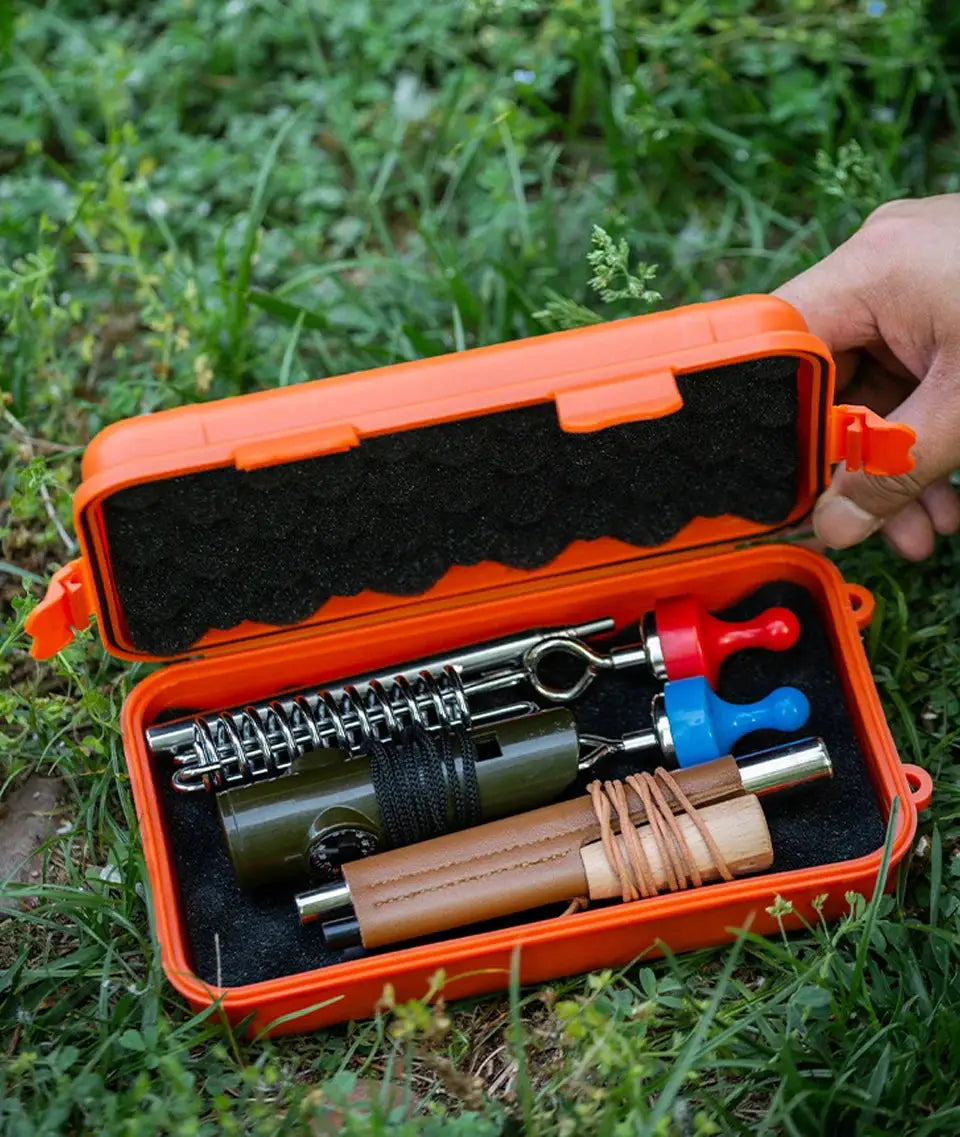 Survival box orange outdoor waterproof sealed case with foam-lined interior and tools