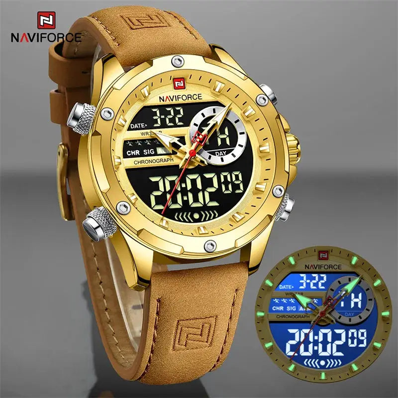 NAVIFORCE men's luxury chronograph quartz wristwatch with gold-tone case, digital display, and tan leather strap