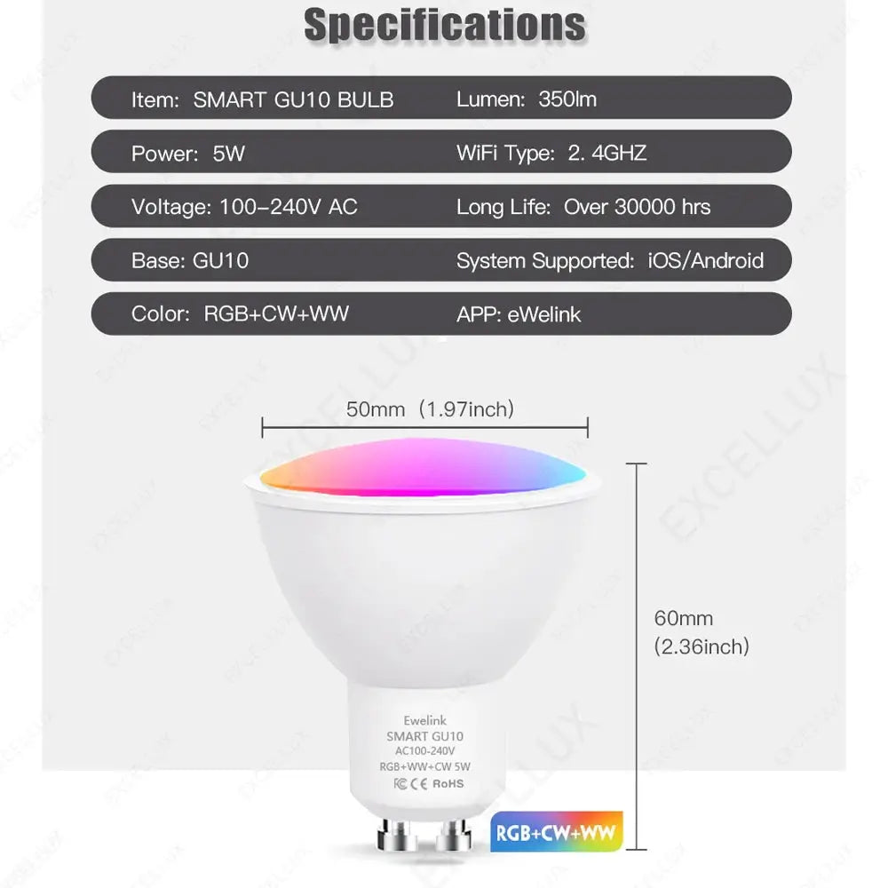 Simples Market smart GU10 LED bulb, RGB+CW+WW, 5W, 350lm, WiFi 2.4GHz, works with Alexa/Google via eWeLink