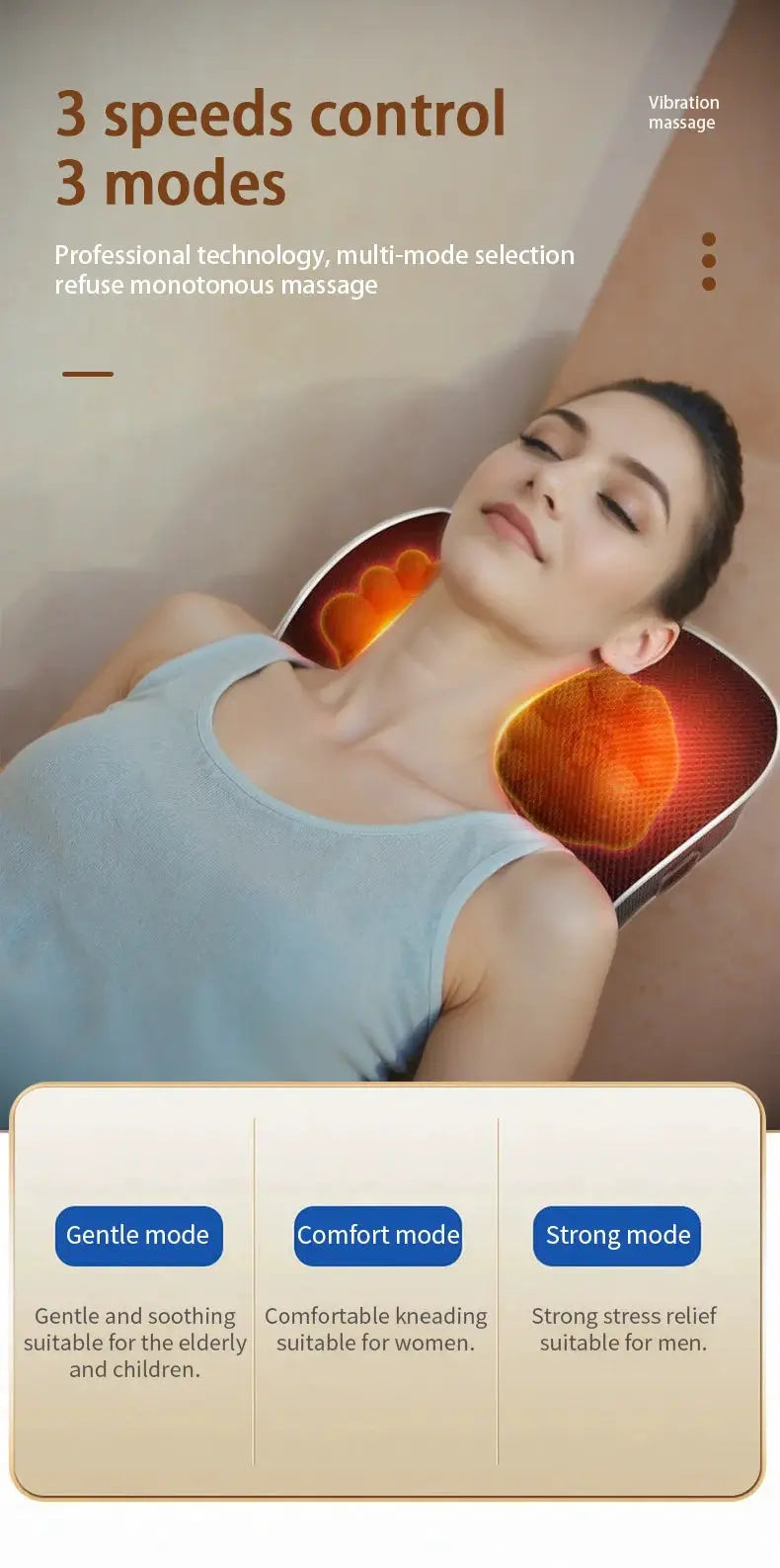 Electric cervical neck massager pillow with heating and vibrating shiatsu, three modes