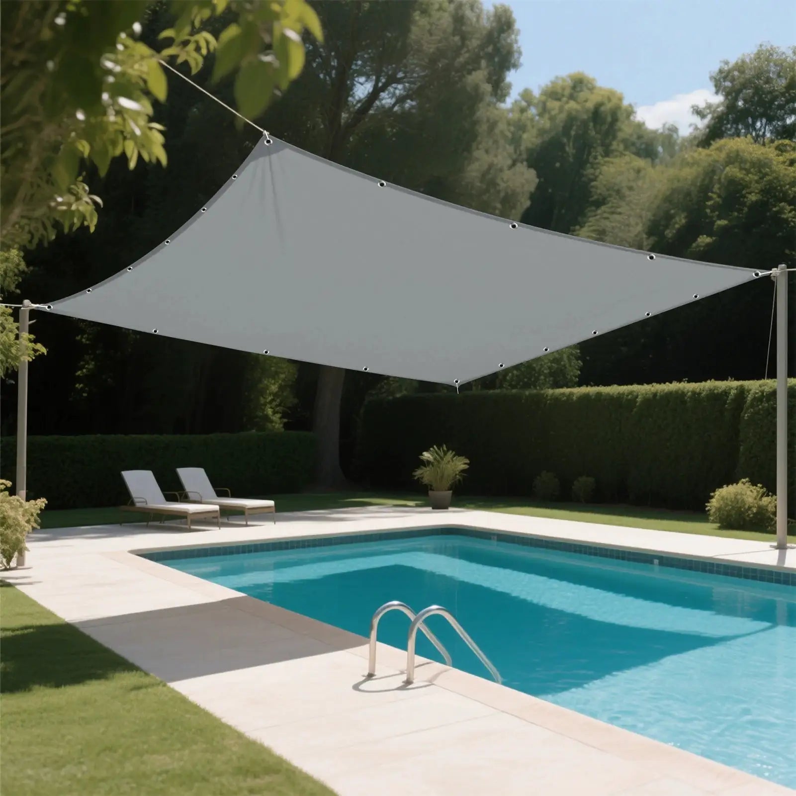 Simples Market sun shade sail; waterproof outdoor canopy in light gray over pool and garden patio.