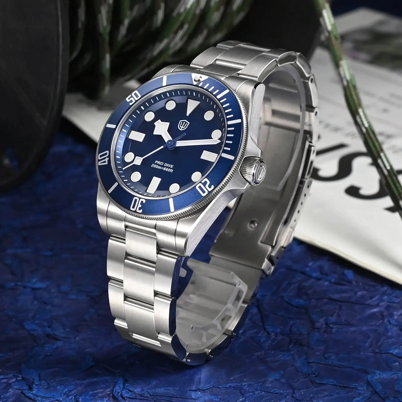 Watchdives WD1969 Pro 38mm diver watch with blue dial and stainless steel bracelet