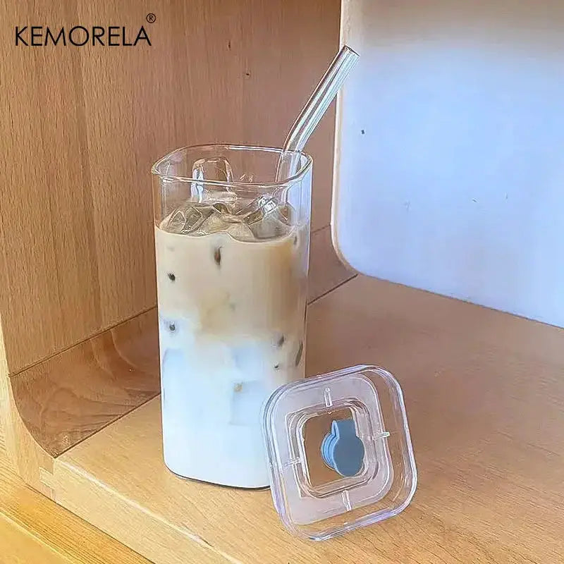 Square Heat Resistant Glass Coffee Cup With Lid And Straw Transparent Milk Tea Juice Cup For Home Bar Drinkware