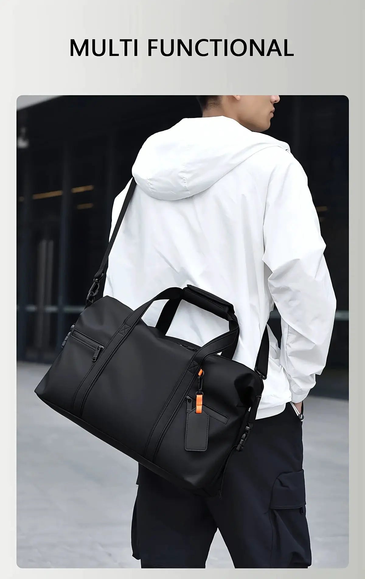 Large Capacity Travel Bag by Simples Market, black duffel with orange zipper pulls and crossbody strap
