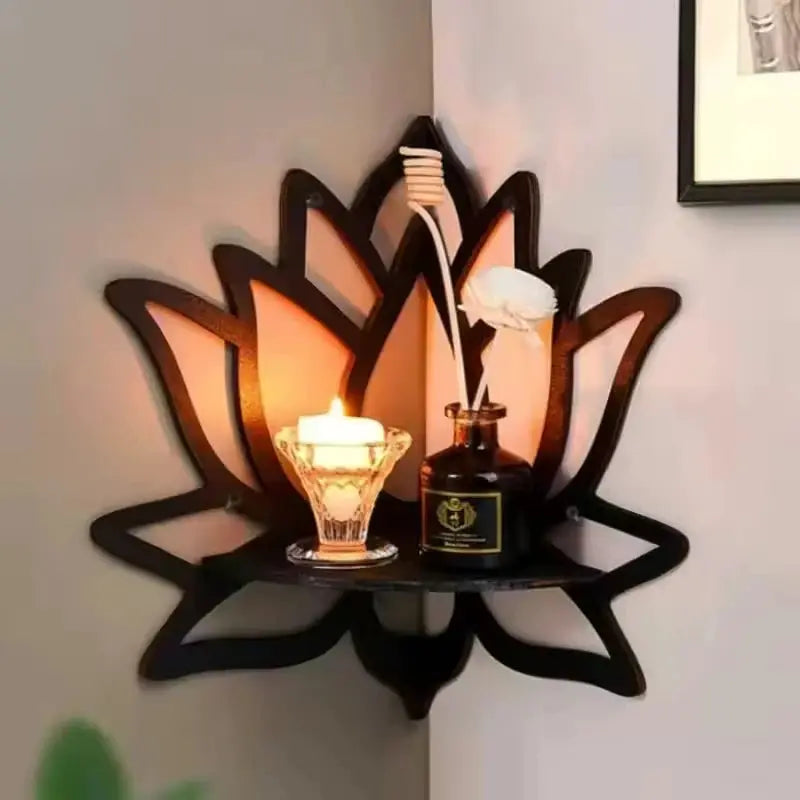 Wooden lotus-hollow handmade dark wood wall-mounted corner rack with candle holder and essential oil bottle