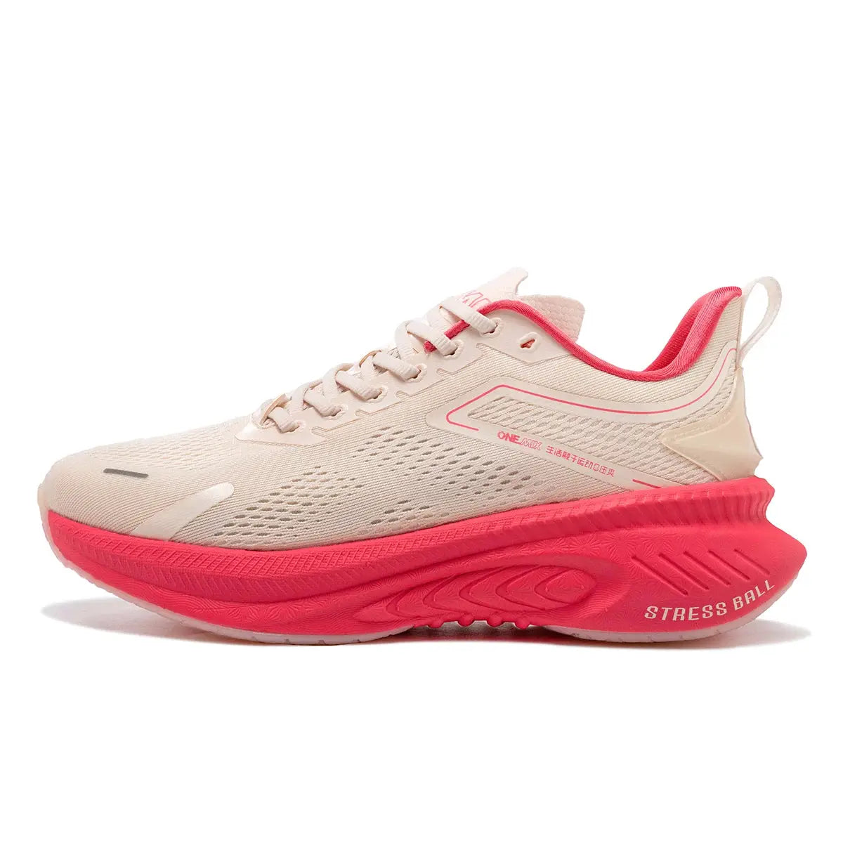ONEMIX breathable mesh running shoes, beige upper with pink sole, unisex athletic sneakers