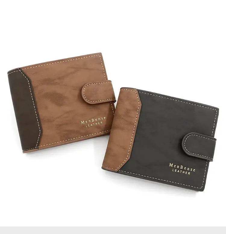 Men's PU leather wallets with hasp card holder by Simples Market; 2 in brown and black.