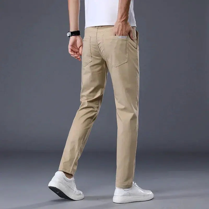 Men's tan cotton casual pants by Simples Market with elastic waistband and straight slim-fit long trousers