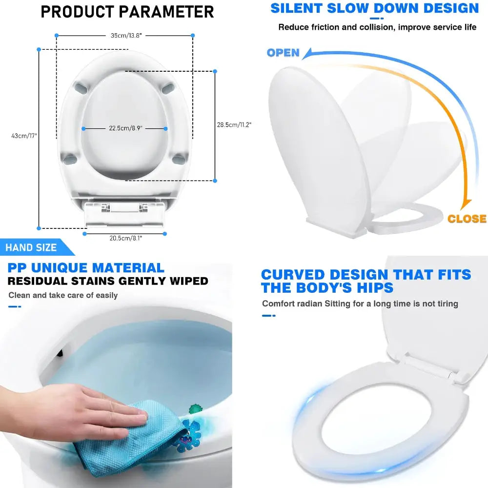 White toilet seat with slow-close adjustable hinges; easy to install and clean bathroom fixture