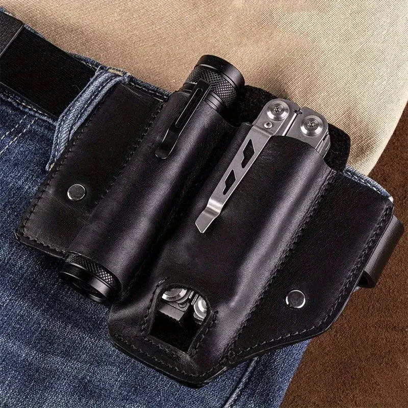 Black PU leather tactical multi-tool belt holster with two tool pockets for flashlight and multitool.