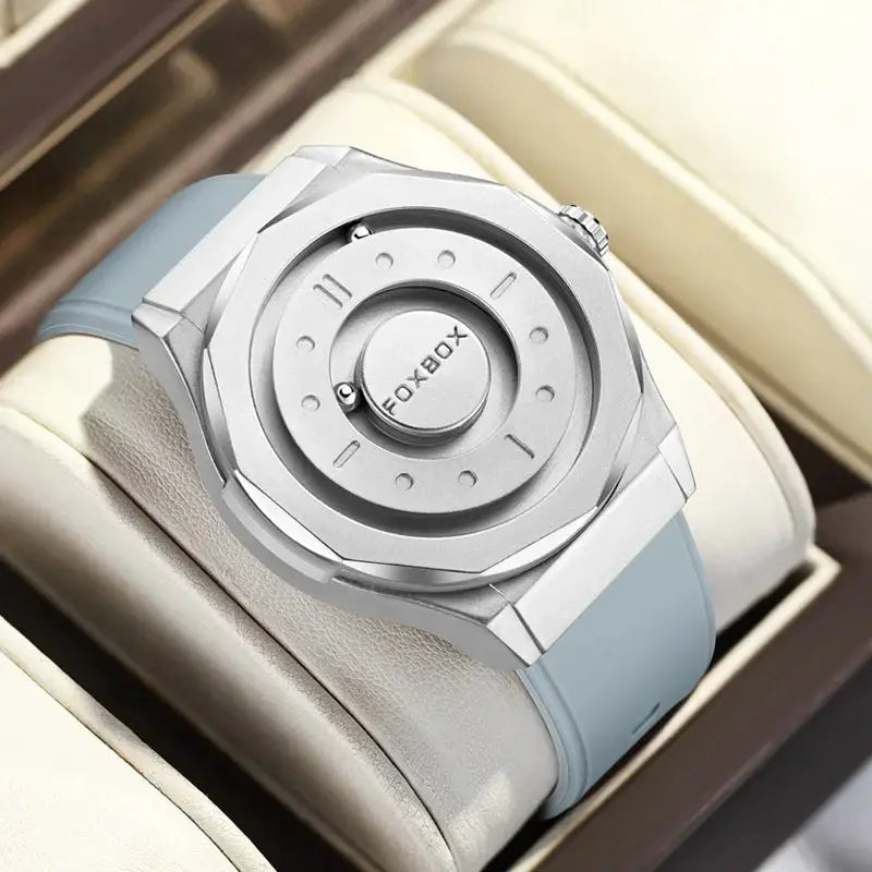 FOXBOX men's stainless steel quartz watch with a light blue strap in a display box
