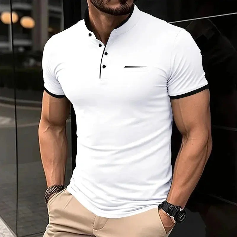 Men's white short-sleeve polo with stand-up collar and black trim on cuffs/placket, chest pocket detail.