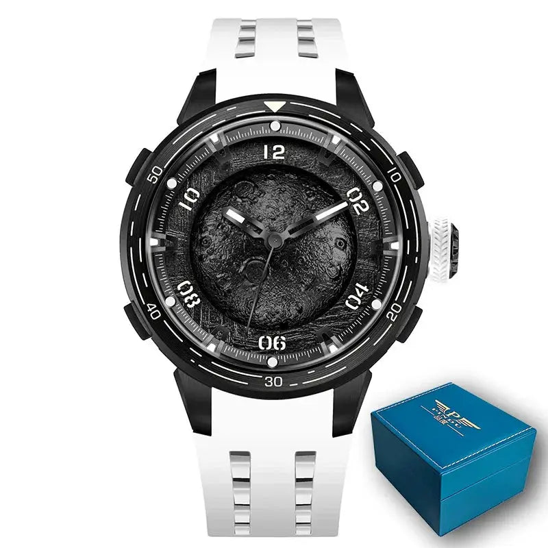 PINDU Planet Series mechanical watch with white silicone strap, black textured dial, luminous hands, and blue box
