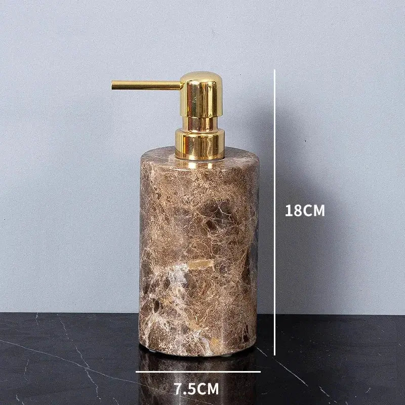 Emperador Dark marble soap dispenser with gold pump; brown bathroom accessory, 18 cm tall