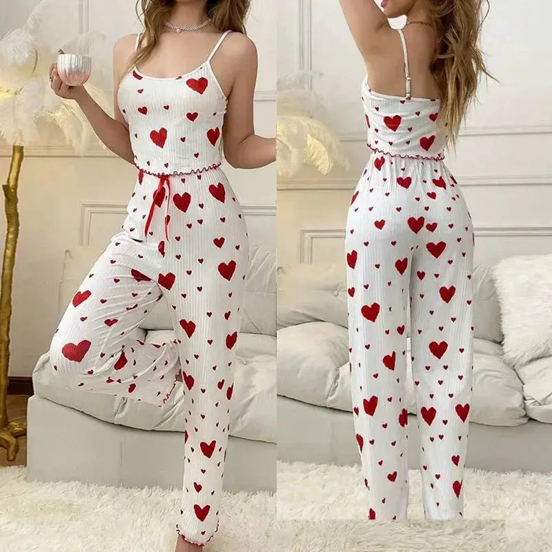 DreamWeave Heart Print Sleeveless Cami Vest And Long Pants Pajama Set Soft Stretch Knit For All Night Comfort