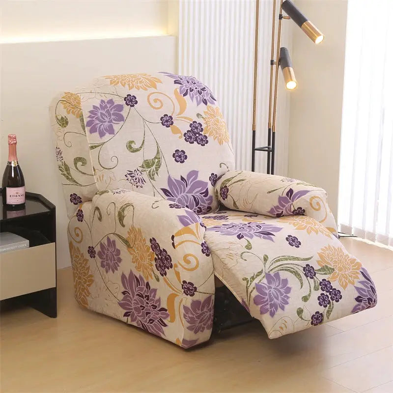 Recliner cover by Simples Market, stretch fabric for 1/2/3-seat couch in beige with purple and yellow floral pattern