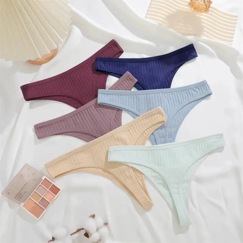 7-pack women's cotton striped thongs by Simples Market, low-waist G-string, assorted colors