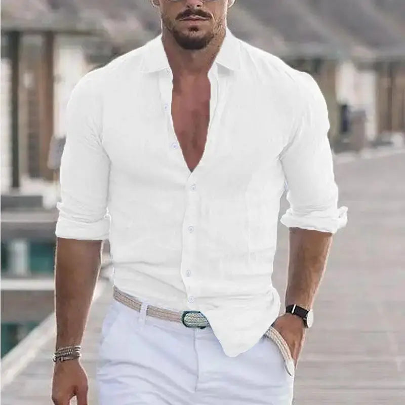 Men's white cotton-linen shirt by Simples Market, casual long-sleeve beachwear style.