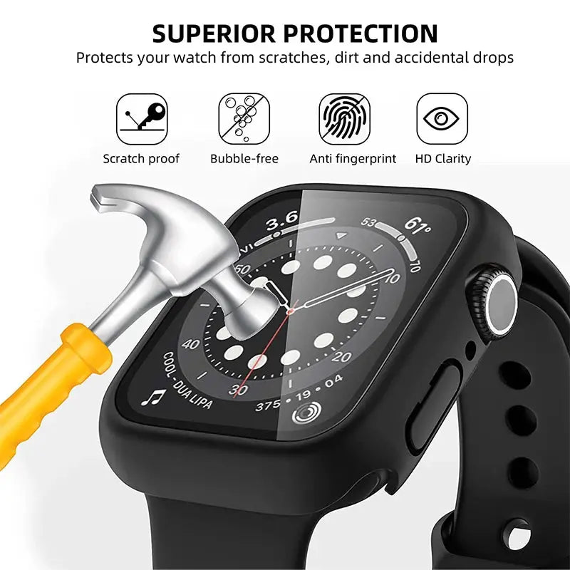 Apple Watch glass screen protector and protective case by Simples Market, black, for 40–44mm models