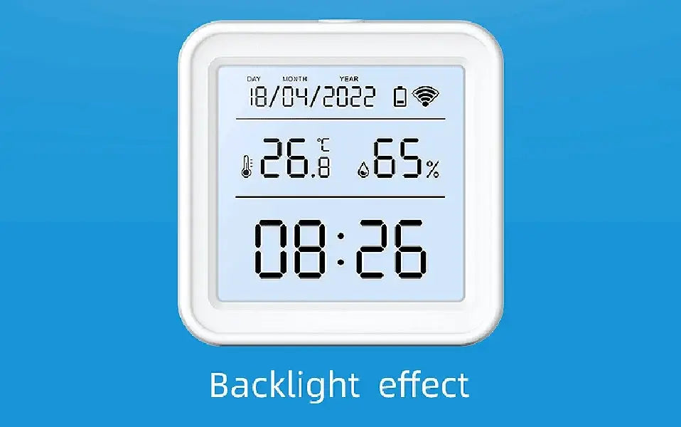 Simples Market white-framed digital temperature and humidity sensor with backlit display.