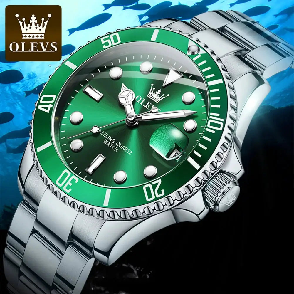 OLEVS 5885 men's watch with green dial, stainless steel bracelet, calendar date, waterproof