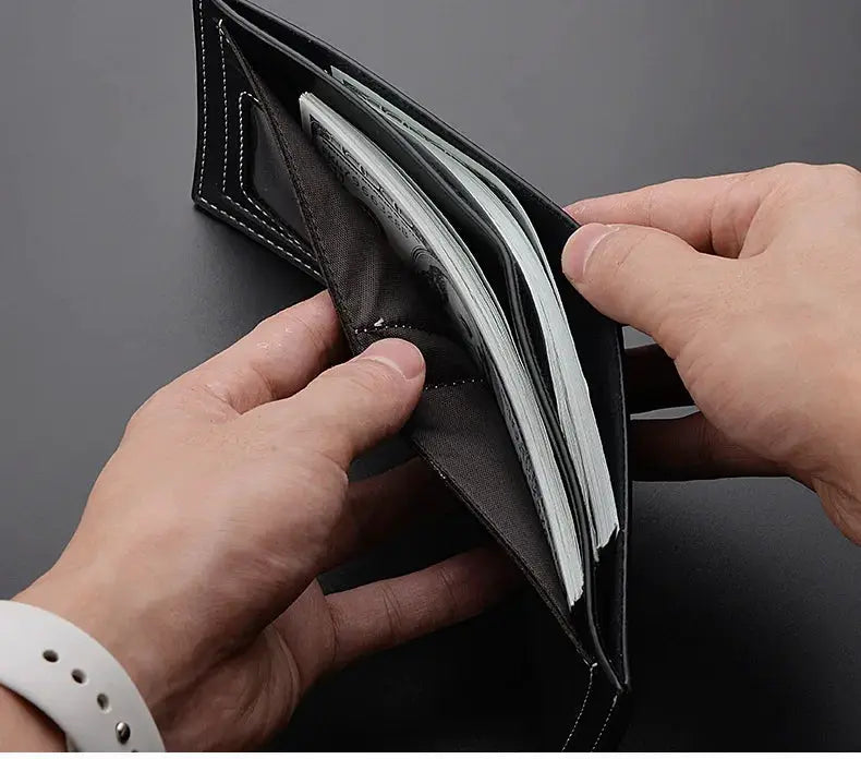PU leather men's short wallet, thin folding card holder in black