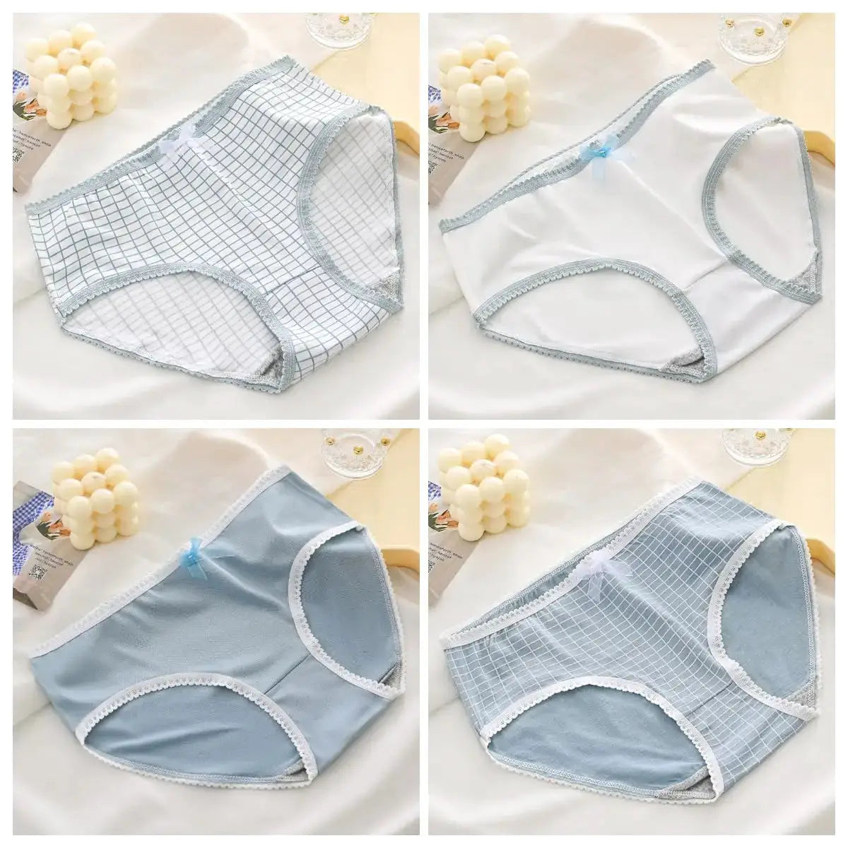 Women’s cotton panties 5-pack with bow accents; light blue and plaid/grid patterned briefs